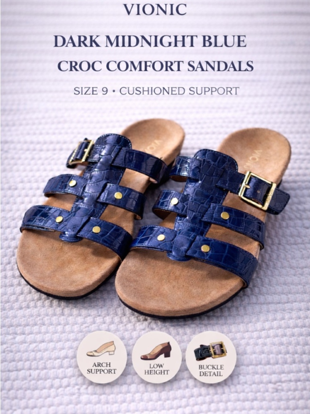 Vionic Blue Patent Croc Sandals Low Heel Comfort Slides Buckle 9